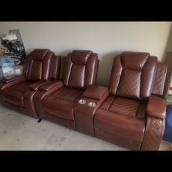 LEATHER POWER RECLINING STADIUM/THEATER SEATING w/LIGHTING (2Pcs)! “NEW”