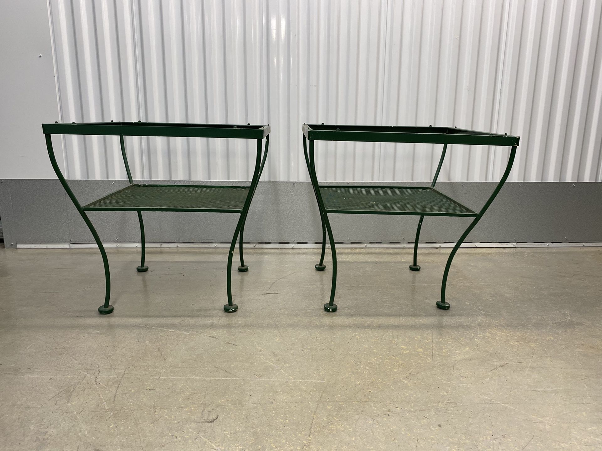 Pair Mid Century Wrought Iron Glass Topped Tables