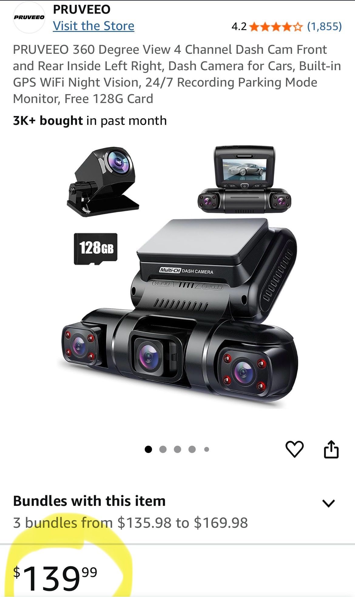 PRUVEEO 360 Degree View 4 Channel Dash Cam Front and Rear Inside Left Right, Dash Camera for Cars, Built-in GPS WiFi Night Vision, 24/7 Recording Park