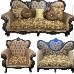 3pc Traditional Furniture Set - Satiny Arms, Satiny Tufted Backs, Damask Upholstered Seats