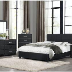 4 PC QUEEN PLATFORM BEDROOM SET ..BEDFRAME,NIGHTSTAND,DRESSER,MIRROR