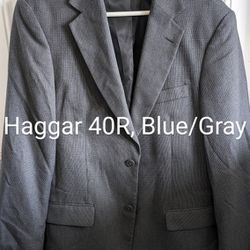 Mens Haggar 40R Suit Coat Jacket, Blue/Gray Tweed, 1 Vent, 65% Polyester, 35% Viscose Rayon