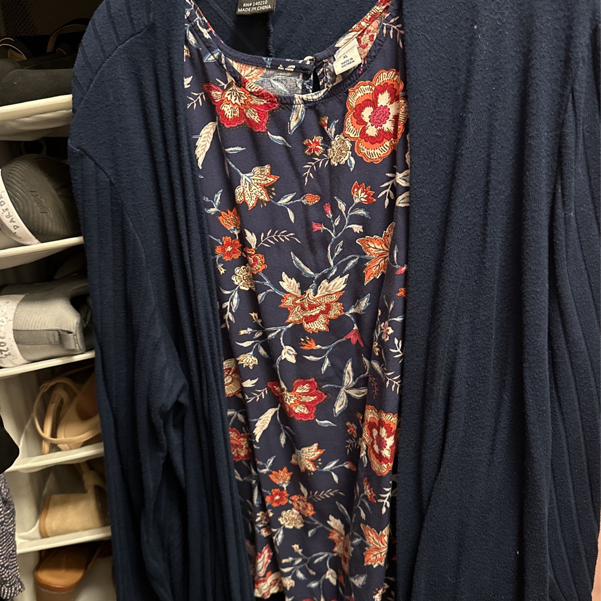 Navy Cardigan And Floral Sleeveless Tank 