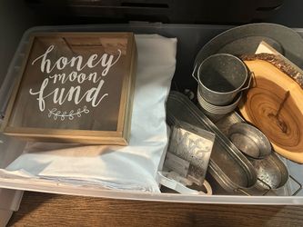 Bin of wedding/party items
