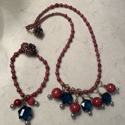 Beautiful red & Blue Glass Bead Necklace With Matching Bracelet