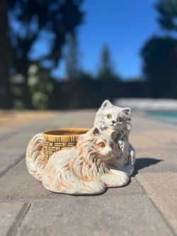 Vintage La Bee Designs Ceramic Double Cat Planter Basket, Persian Longhair Cats Succulent Pot / Cachepot