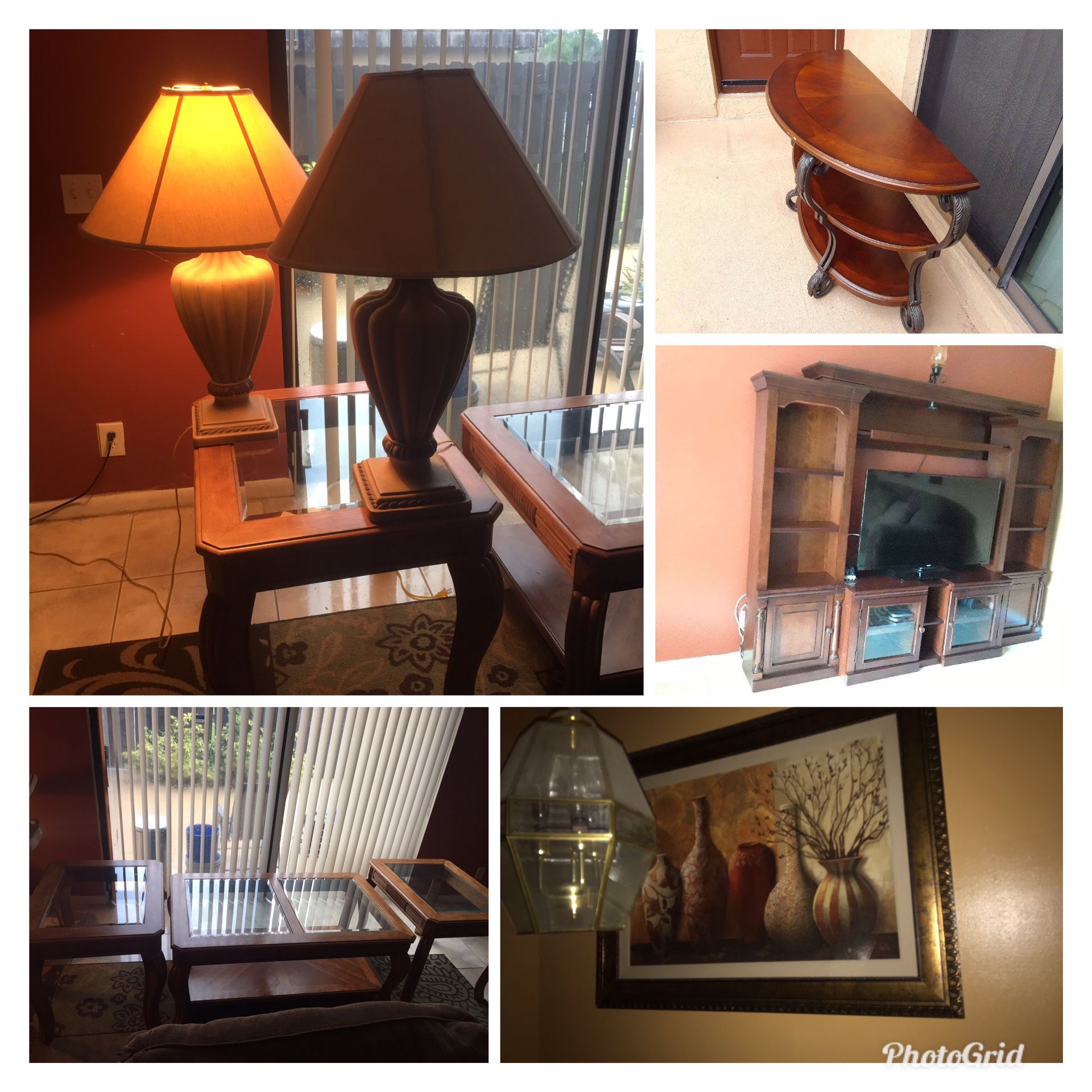 Coffee table, 2 end tables, one entry table, one wall unit, picture art and 2 lamps... ALL FOR $350