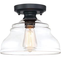 MEXO Industrial Semi Flush Mount Ceiling Light, Modern Clear Glass Light Fixture Farmhouse 10" Close to Ceiling Lights in Black Finish for Hallway Bed