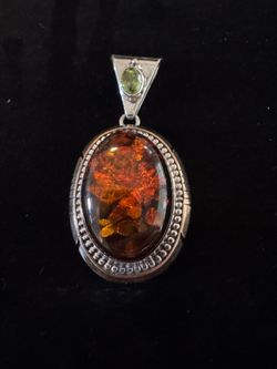 Large L. Begay 12k GF, sterling silver Baltic Amber, & Peridot Large pendant.