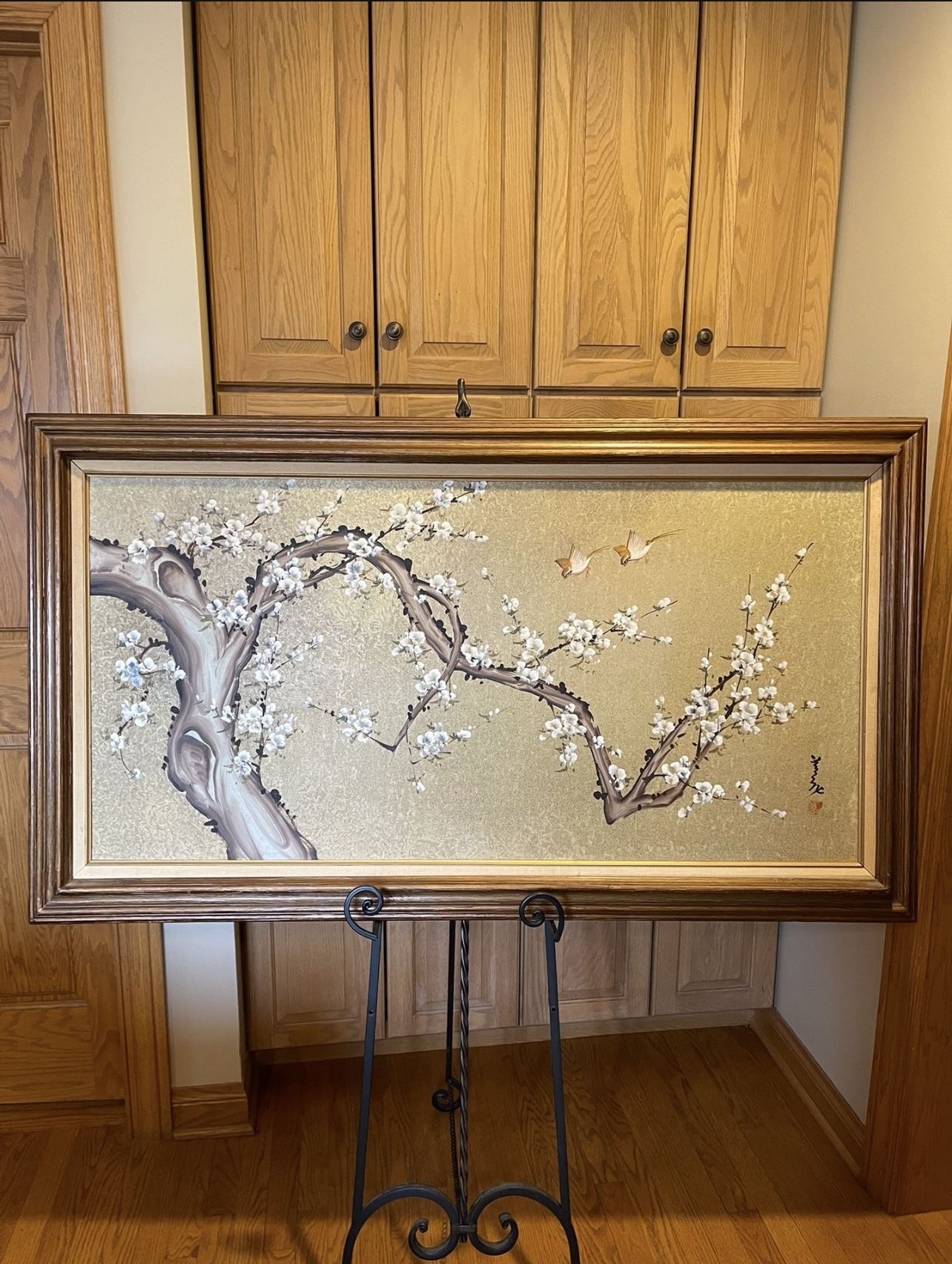 Antique Signed Japanese Birds And Cherry Blossoms Oil Painting 