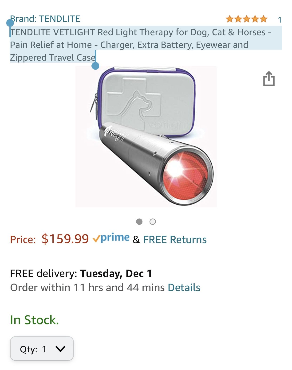 TENDLITE VETLIGHT Red Light Therapy for Dog, Cat & Horses - Pain Relief at Home - Charger, Extra Battery, Eyewear and Zippered Travel Case