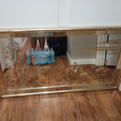 Large Vintage Sharon Concepts Gold Mirror - Etched Cranes & Bamboo - MCM