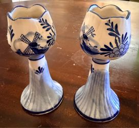 Pair of Vintage Hand-Painted Delft Blue Holland Candle Holders