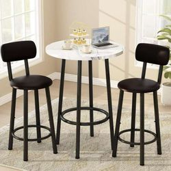 3 Pieces Bar Table Set, Bistro Kitchen Table Sets with 2 PU Leather Bar Stools, Wood Pub Bar Table