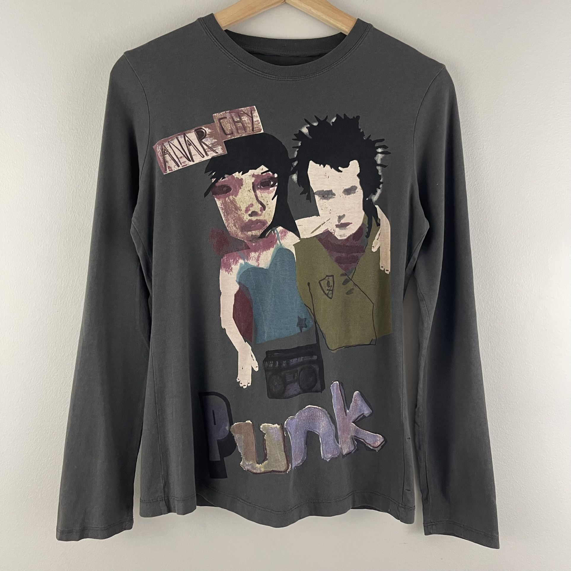 Vintage Y2K Dark Grey Punk Grunge Anarchy Abstract Graphic Long Sleeve Tee