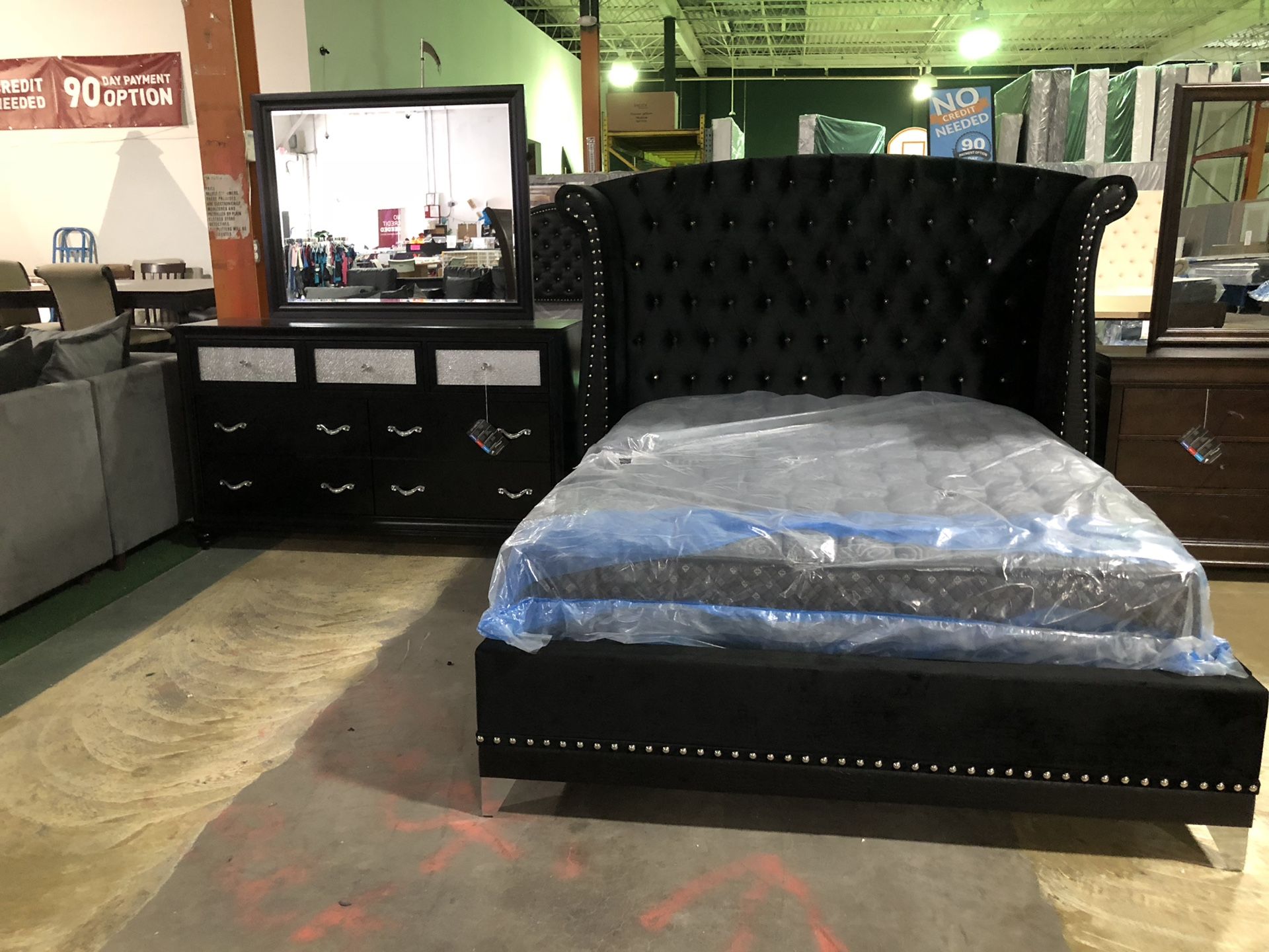 Brand new 4 piece queen bedroom set. Includes bed dresser mirror and nightstand mattress sold separate