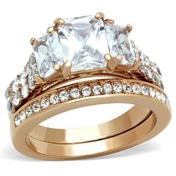 Womens Stainless Steel Rose GP Emerald Cut Cubic Zirconia Wedding Ring Set  