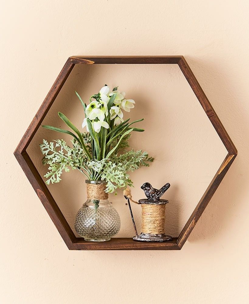 Farmhouse Hexagon Wood Floating Shelf Wall Decor 16 Inches