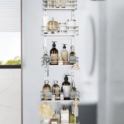 Orimade Over the Door Shower Caddy Adjustable 5 Tier Silver,Bathroom Hanging Organizer Shelf Rustproof with 4