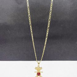 14k solid fígaro chain and girl  with granate stone  ( january stone ) pendant , necklance gold 