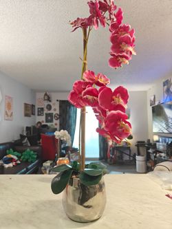 Large Faux Pink Orchid in Silver Pot