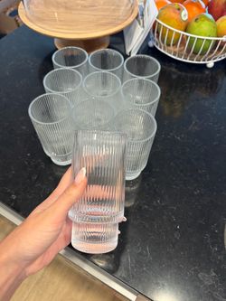 Ribbed Glass Cups Set of 10 - Stackable Fluted Highball Drinking Glasses
