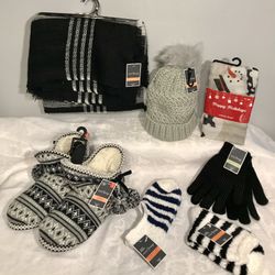 All Brand New W Tags Ladies Winter Set: 2 Scarves, Bootie Slippers, Pom Hat, 2 Pair Socks & Gloves