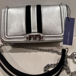 NWT Rebecca Minkoff Silver Chevron Quilted Love Crossbody Bag with Black Velvet Stripe
