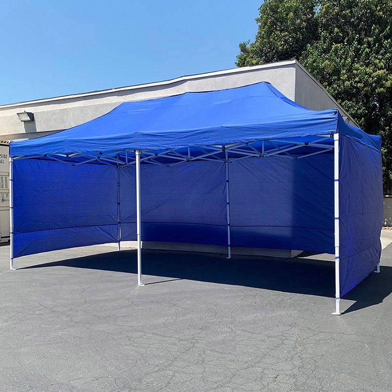 (New in box) $240 Heavy Duty 10x20 FT Canopy (with 4 Sidewalls) Ez Pop Up Outdoor Party Tent w/ Carry Bag (White/Blue)