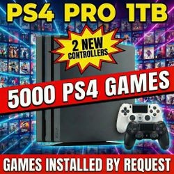 PS4 Pro 1TB - (5k PS4 GAMES) – installed on request + 2 NEW IN BOX Controllers