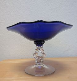 Cobalt blue glass pedestal dish with a keyhole stem