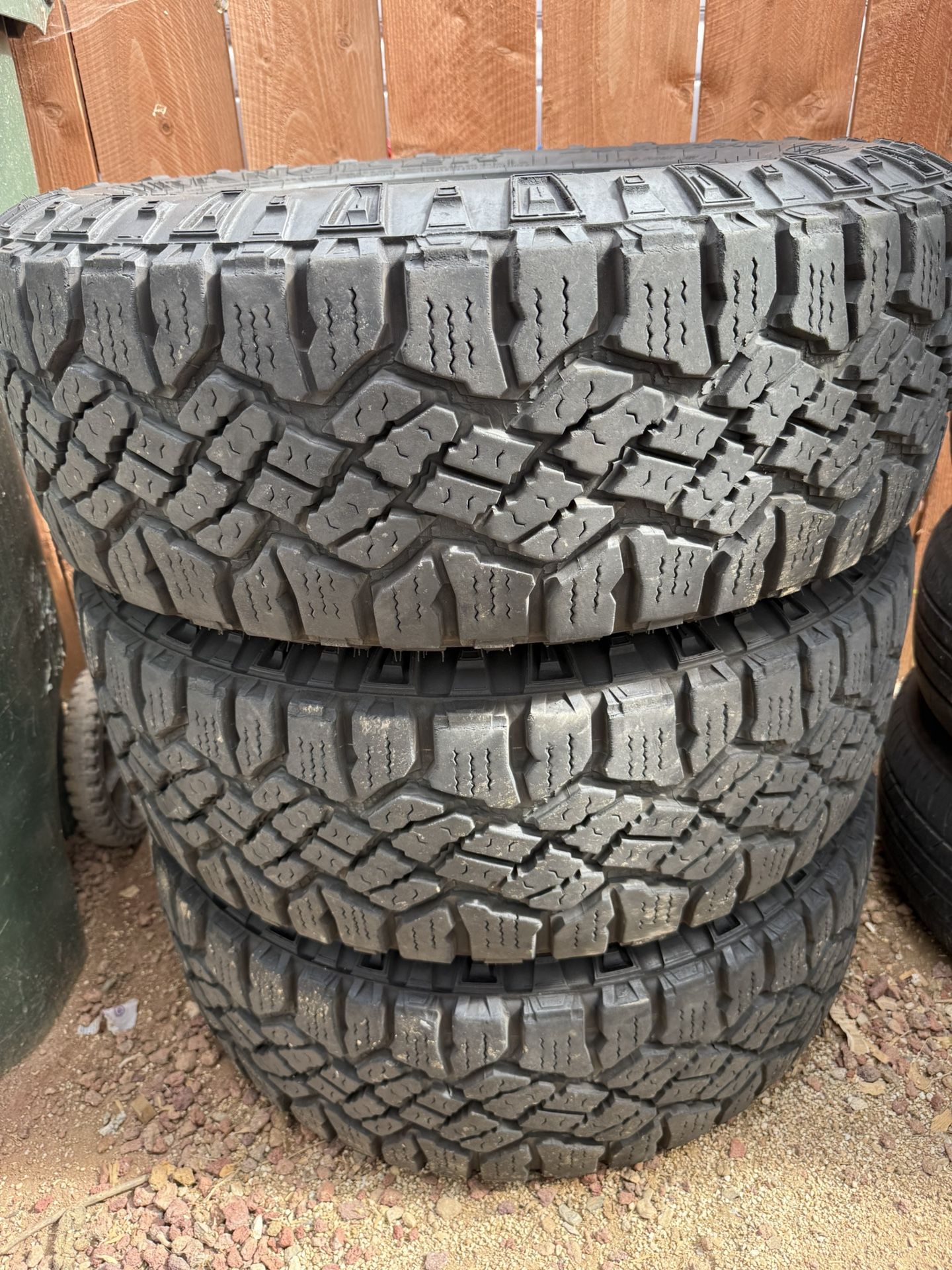 275/65/18 Goodyear Duratrec Tires. Tires have tons of tread left , no patches or plugs. The price is for 3 tires. There is no fourth tire. The 4th
