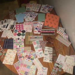 Large Bundle Of Mini Planner & Other Stickers & Flamingo Binder W/Plastic Pages For Them To Fit In