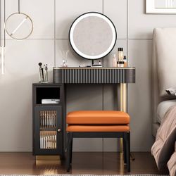 Black/Brown Vanity Desk & Stool 