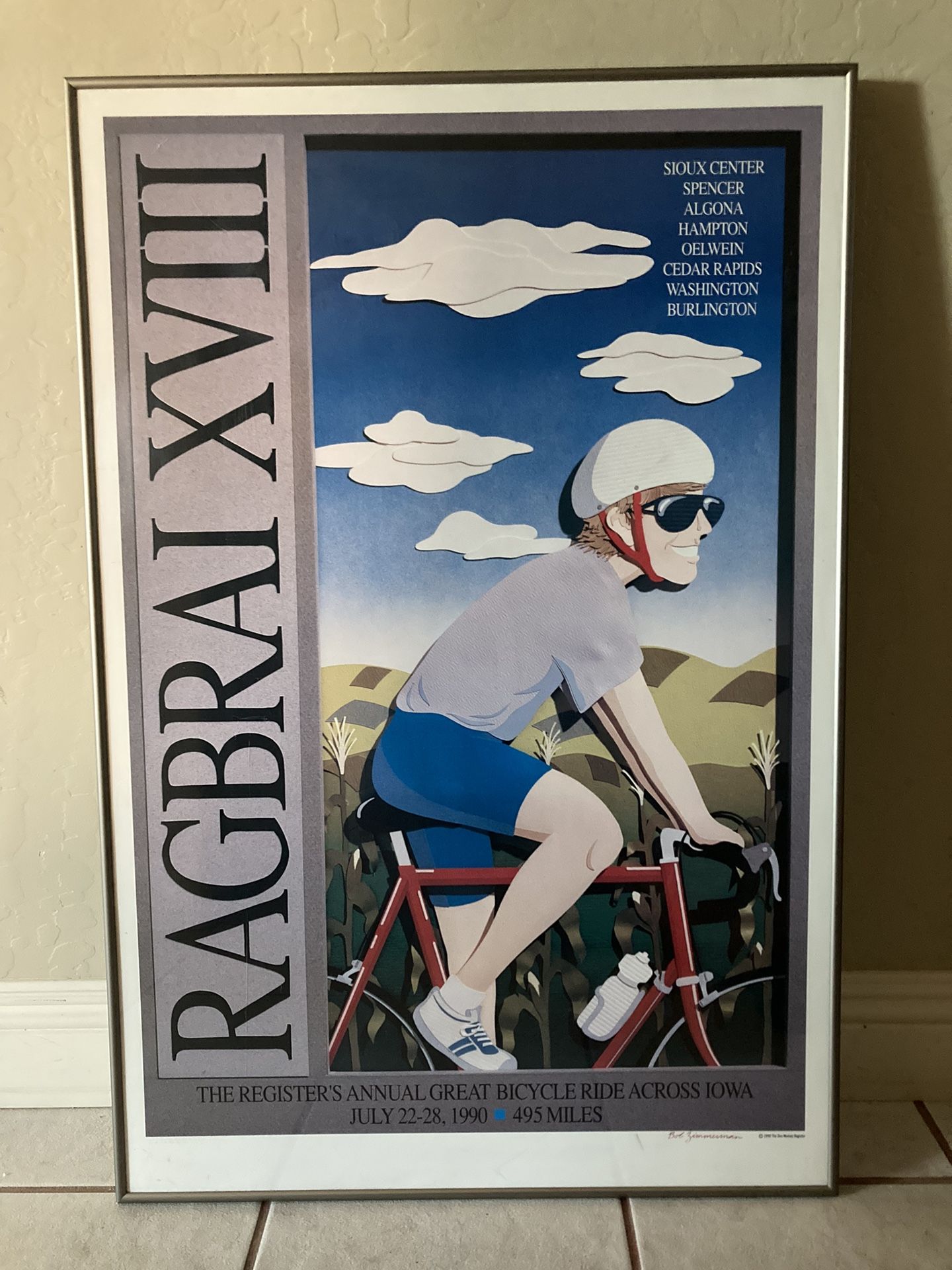VINTAGE 1990, “RAGBRAI XVIII”, “RIDE ACROSS IOWA, FRAMED BICYCLE POSTER. 24x36.