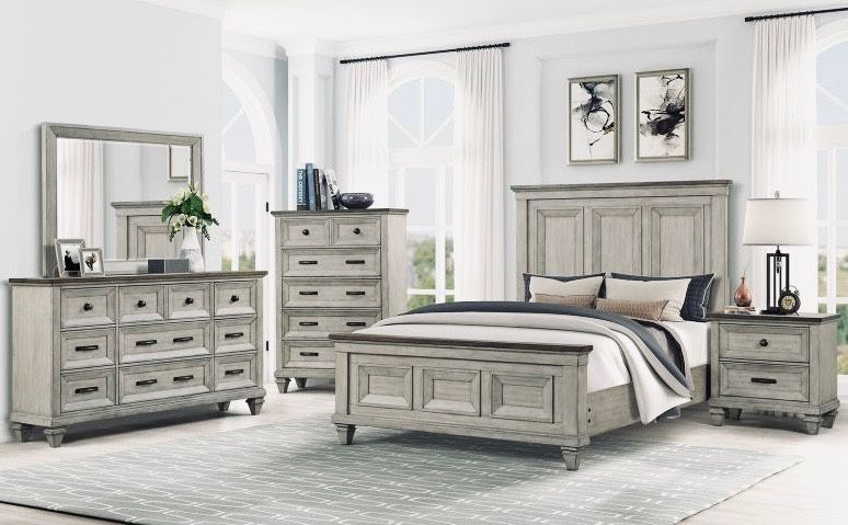 QUEEN SZ BEDROOM SET 4PC (BED FRAME,DRESSER,MIRROR NIGHTSTAND) AVAILABLE IN WALUT FINISH RUSTIC STYLE OR VINTAGE FINISH CREAM/BWN)