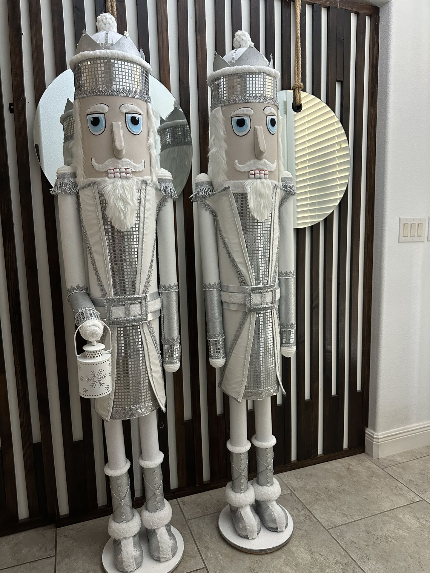 Set Of Two 6 Feet Tall Nutcrackers. White And Silver. Hand Made Brand New.