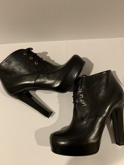 CHANEL lace-up boots booties platform logo stud heels black leather shoes 37.5