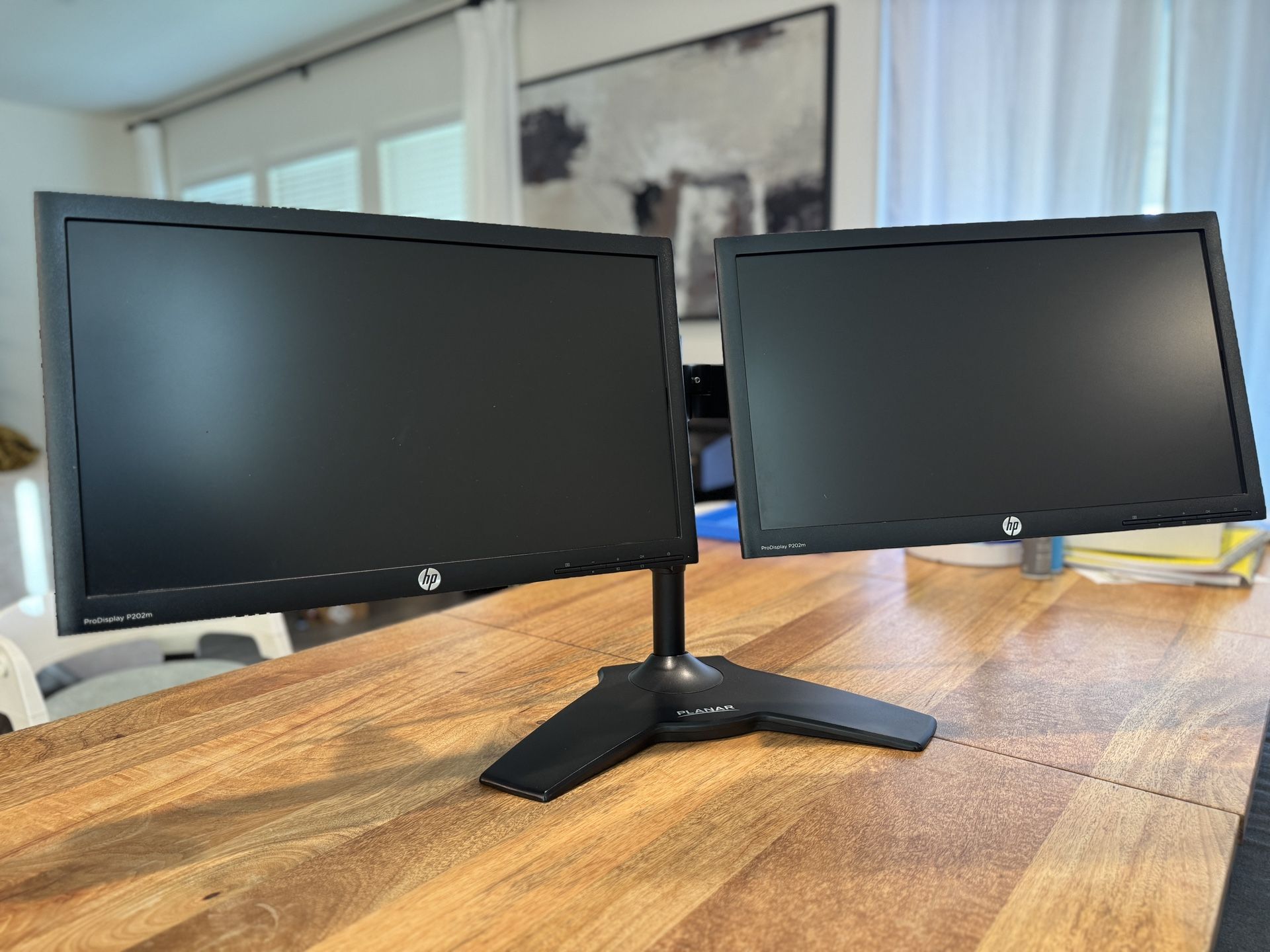2 HP P202m Computer Monitors & Planar Stand Bundle