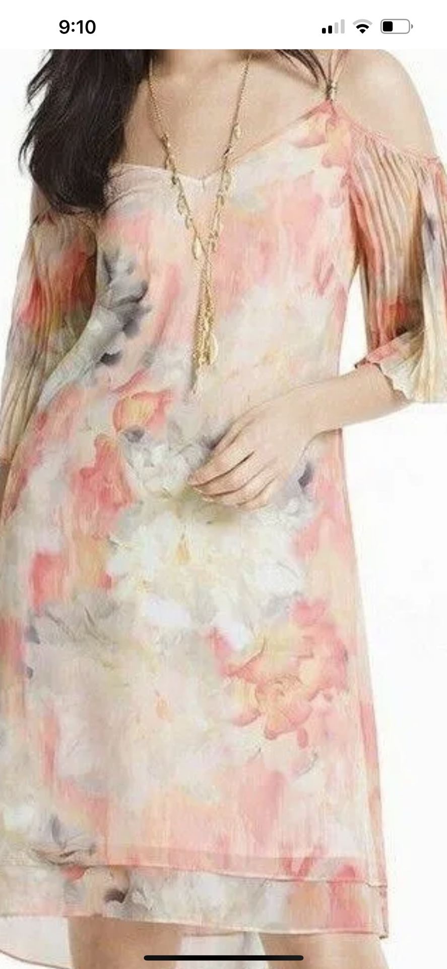 White House Black Market Cold Shoulder Watercolor Print Dress In Ecru With Peach Smoothie