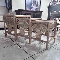 1990’s Coastal Style/ Bohemian Wheat Sheaf Rattan Nesting Tables