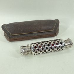 Antique Sterling Silver & Ruby Red Glass Double Perfume Bottle W/ Case 5.5"