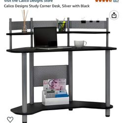 Calico Designs Corner Desk, Silver & Black. NEW