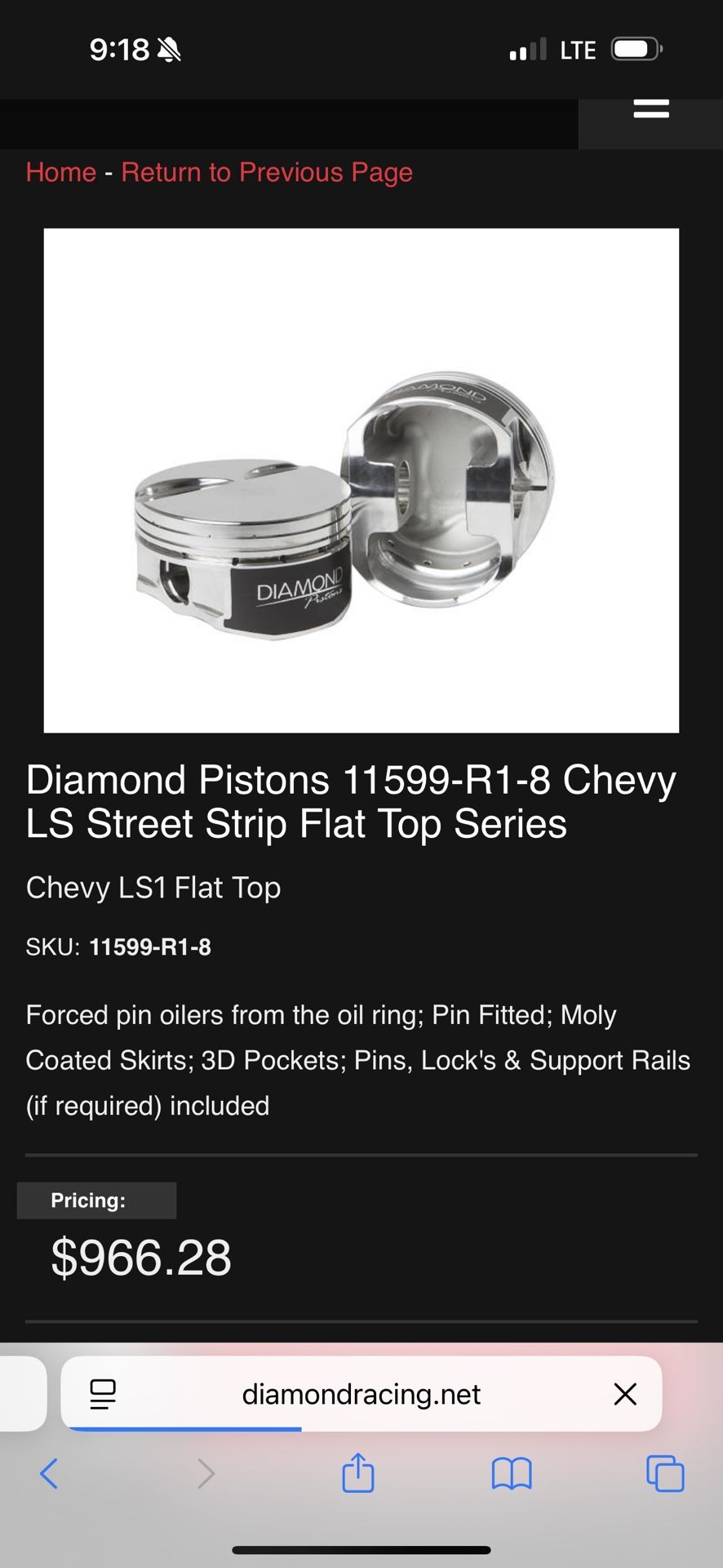 Diamond Racing Pistons For Chevy V8 With Free headGasket Set