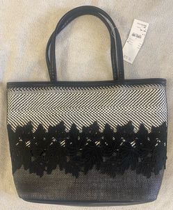 Japanese Chikazawa Black & Neutral Woven Tote Bag with Stylish Lace Floral Design and Interior Zipper Pouch