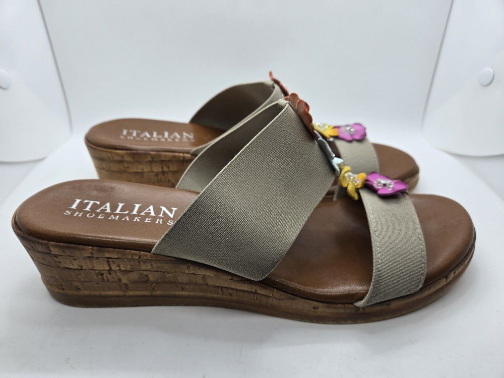 Italian Shoemakers Women's 12 Julliet Wedge Sandals Tan Stretch W/Flowers Italy