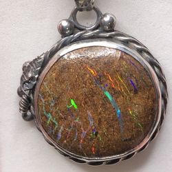 Australian Queensland Boulder Matrix Opal 925 silver pendant on a  925 silver chain necklace. 76ct total 24x24x6mm Large multicolored Opal