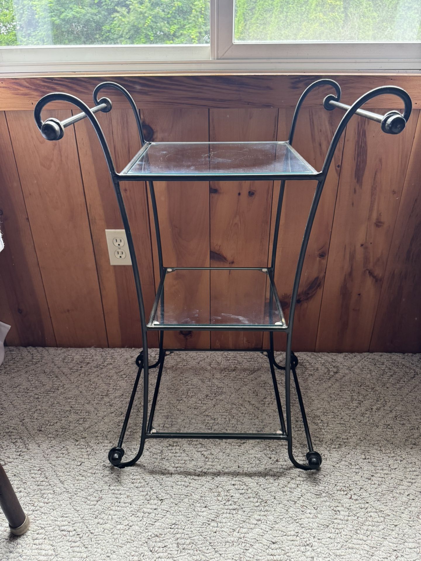 3 Tier Wrought Iron, Glass Shelves Accent Table. Pier One. H-32” W-22”