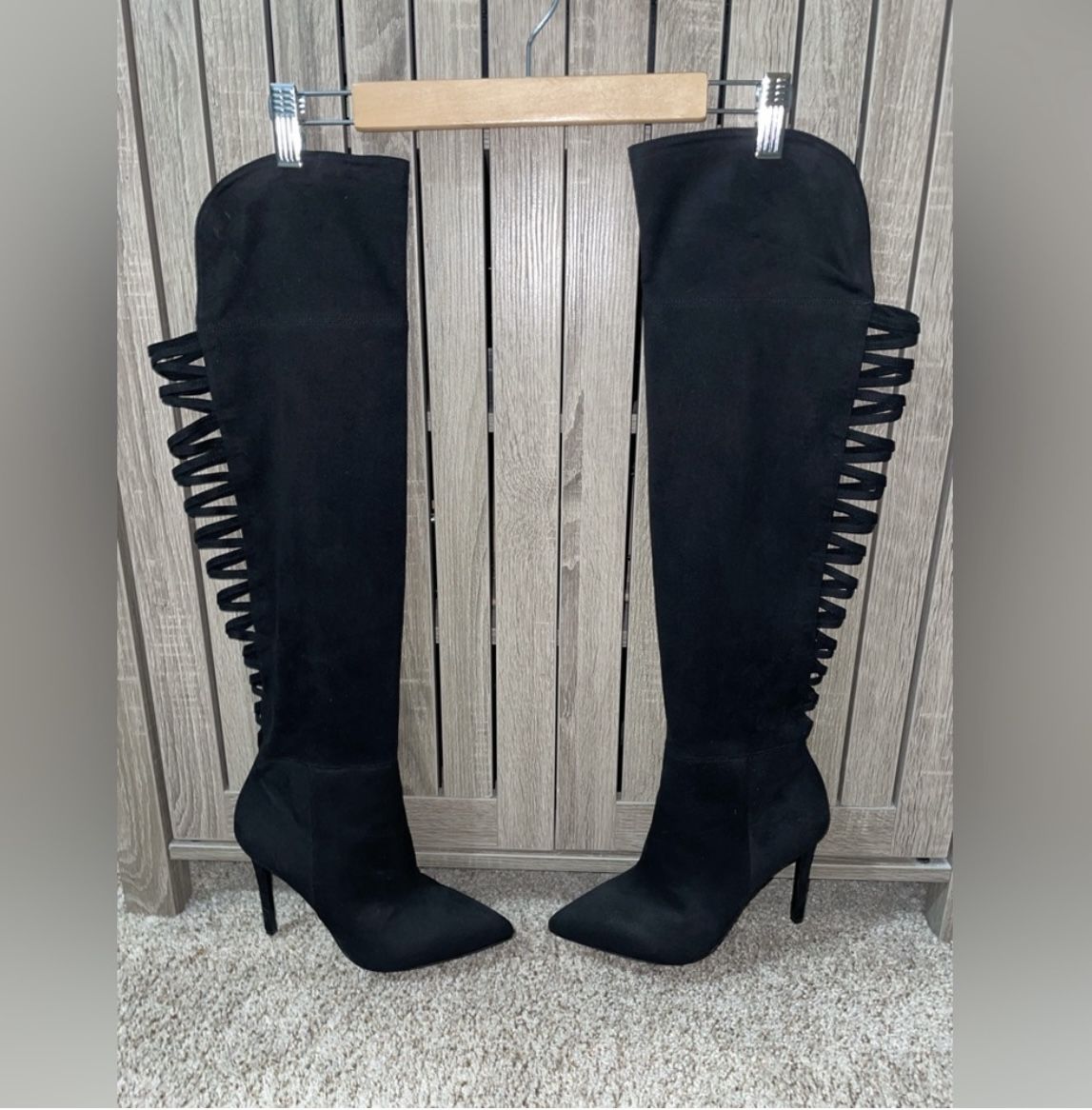 Aldo Over the knee black suede heeled Boots with slit back Women’s size 8
