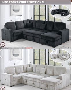 $650. 4Piece Convertible Sectional  Sleeper Sofa ,Chaise Storage ,Sofa Storage & USB Ports